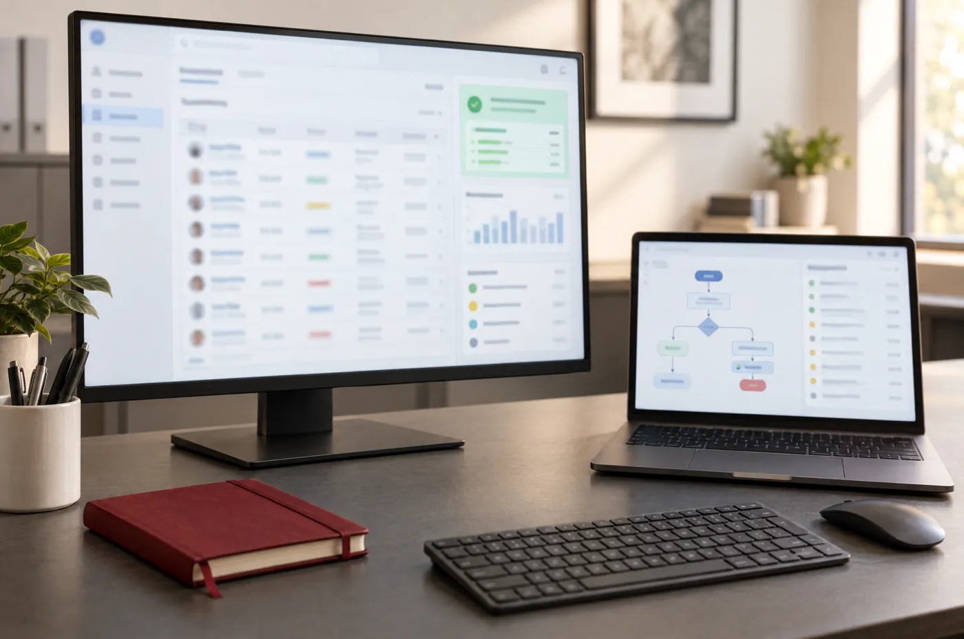 A practice manager's monitor showing an electronic health record dashboard, with an automation flowchart on the laptop beside it.