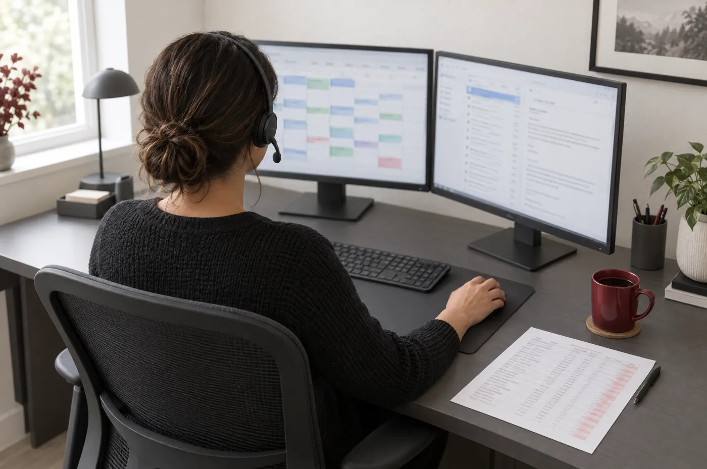 A remote administrative assistant at a home desk with a headset, a scheduling grid and an inbox on two monitors.