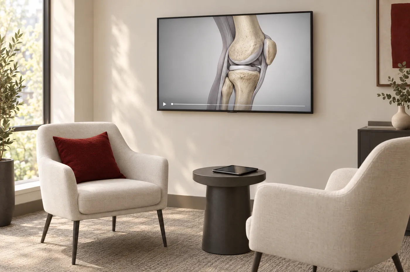 A consultation room with a wall screen showing a paused patient education animation of a knee joint.