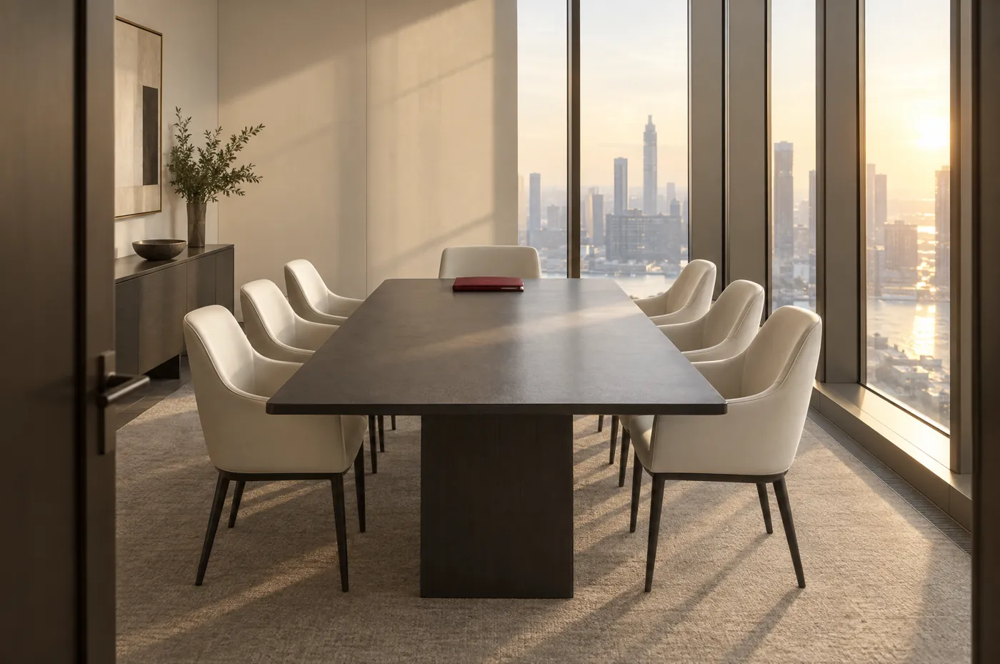 A quiet meeting room in an operations office, with a long table, bone-white chairs and tall windows.
